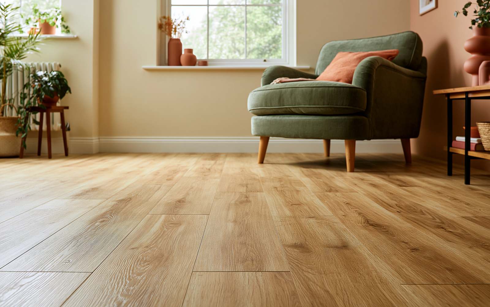 Warm oak-effect wood flooring in a bright living room with a sage-green armchair and terracotta accents